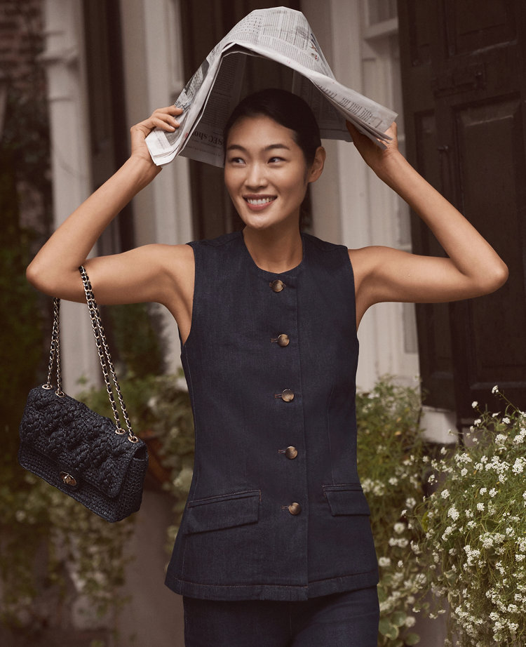 The Petite Long Crew Neck Vest in Denim