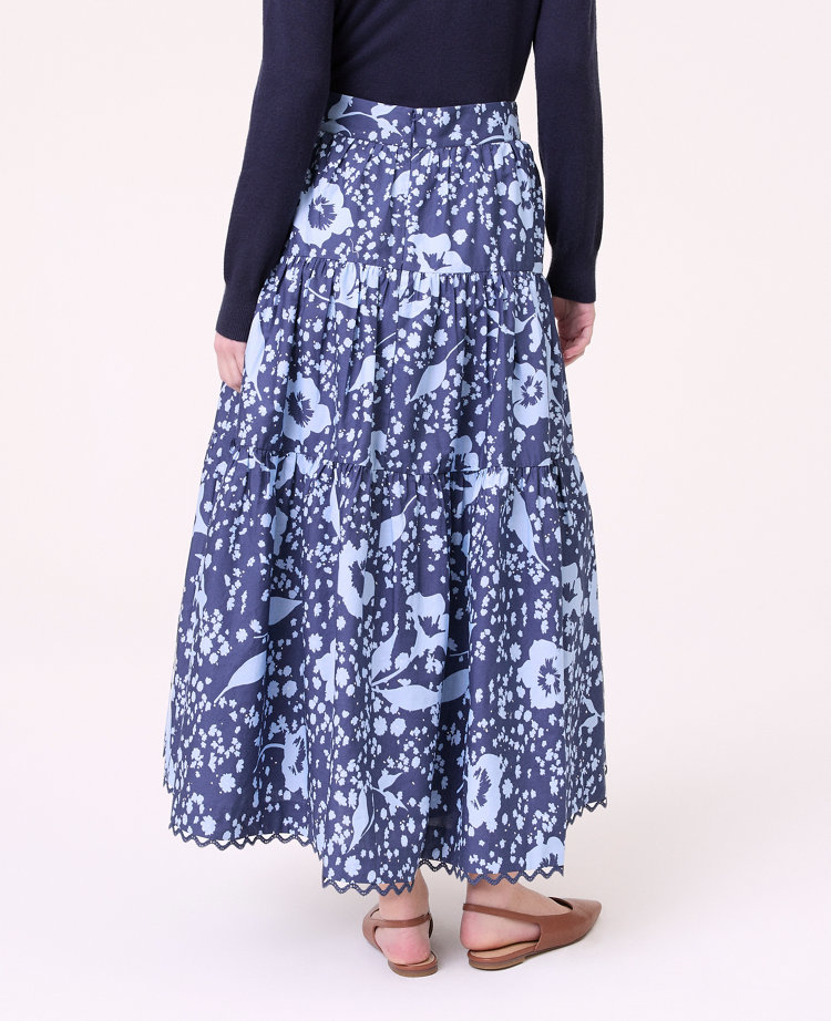 Ann Taylor Petite Weekend Collection Floral Tiered Skirt Subdued Navy Women's