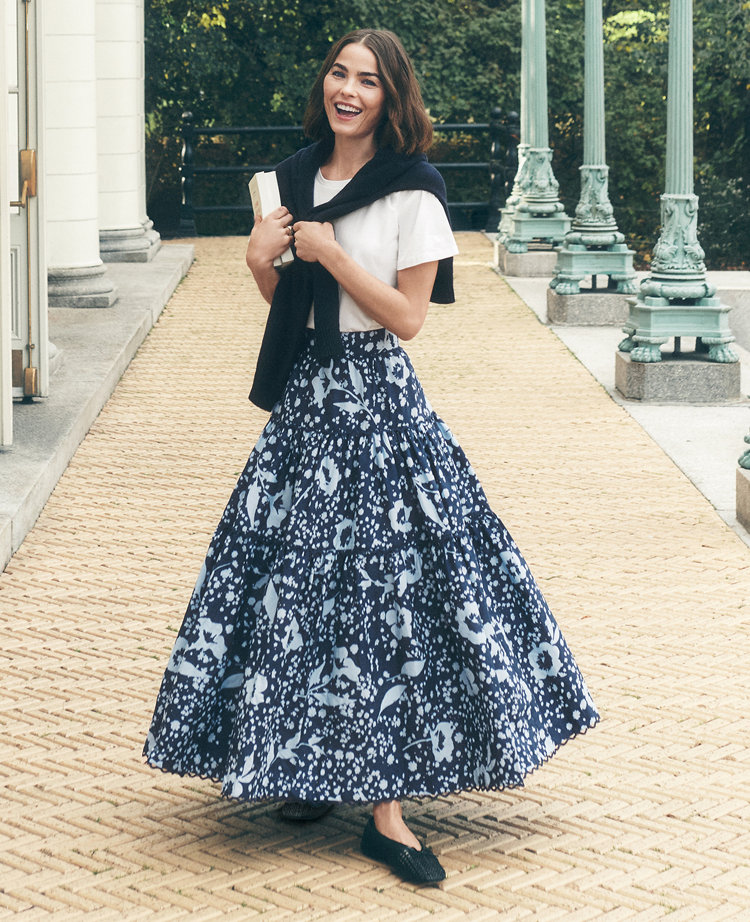 Ann Taylor Petite Weekend Collection Floral Tiered Skirt Subdued Navy Women's