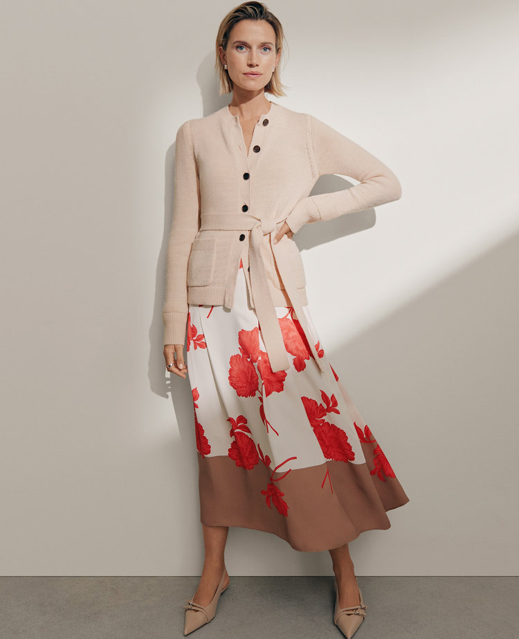 Petite Floral Satin Pleated Skirt