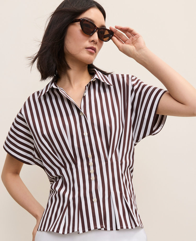 Ann Taylor Striped Pleated Blouse Rich Walnut Women's