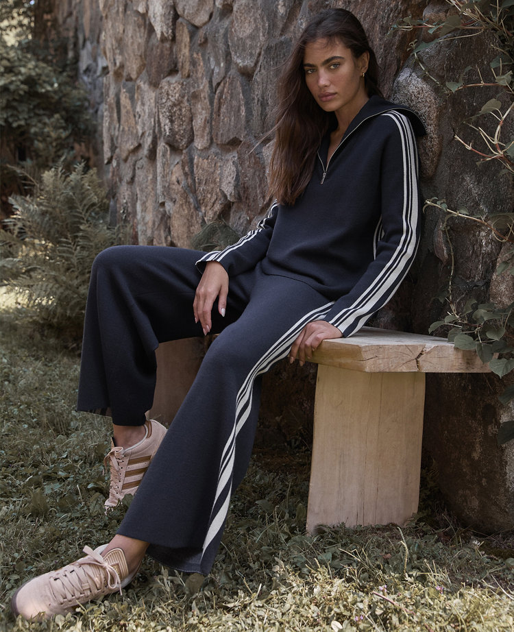 Ann Taylor Haven Well Within Sporty Stripe Half-Zip Pullover Deep Blue Moon Women's