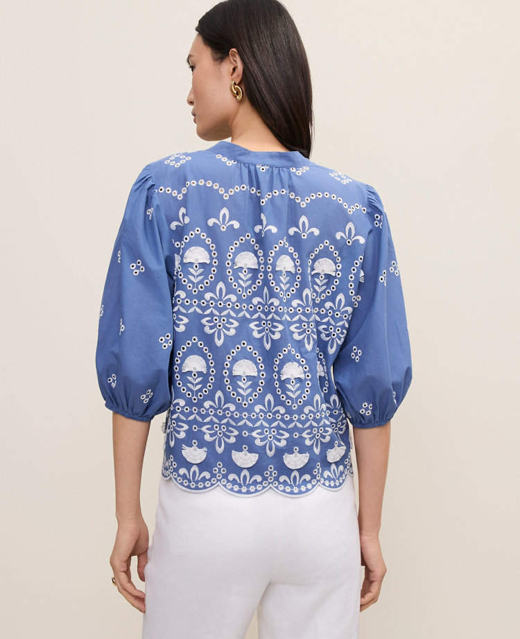 Ann Taylor Embroidered Puff Sleeve Blouse Ocean Oasis Women's