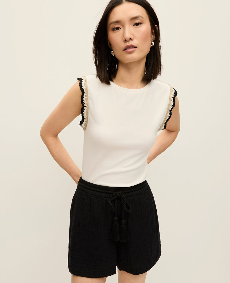 Petite Crochet Trim Crew Neck Top