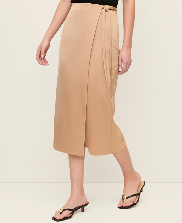 Petite Satin Wrap Midi Skirt
