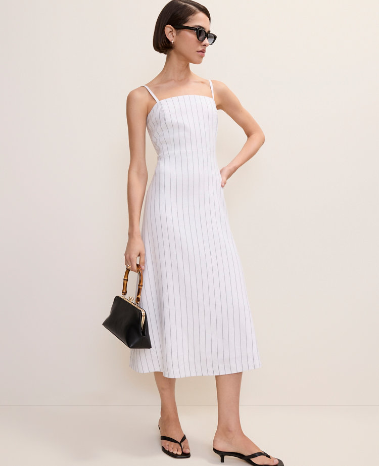 The Petite Pinstripe Flare Midi Dress in Linen Blend