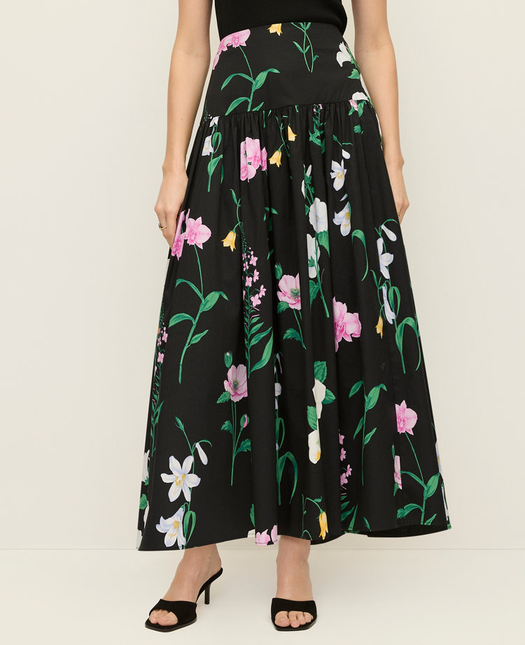 Ann Taylor Petite Floral Gathered Maxi Skirt Black Women's