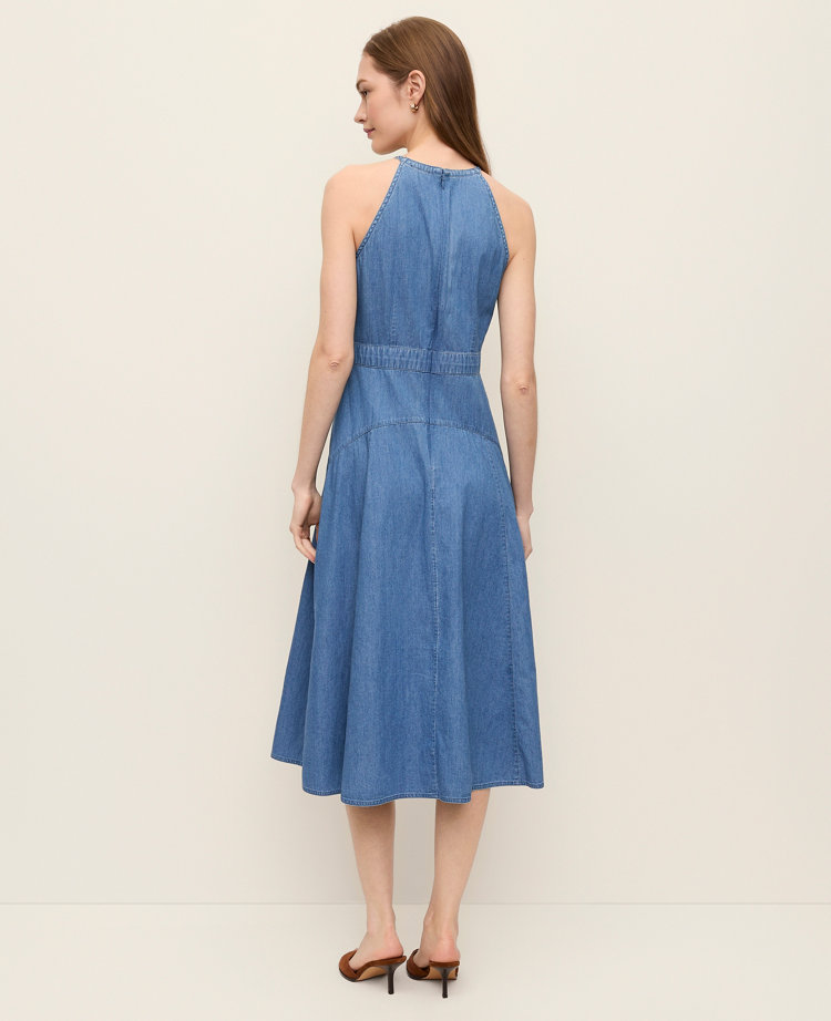 Chambray Halter Flare Midi Dress