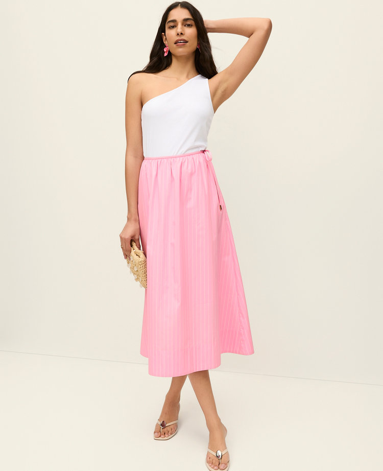 Petite Striped Tie Waist Midi Skirt