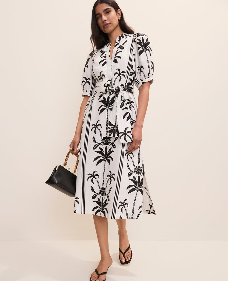 Palm Tree Print Midi Dress in Linen
