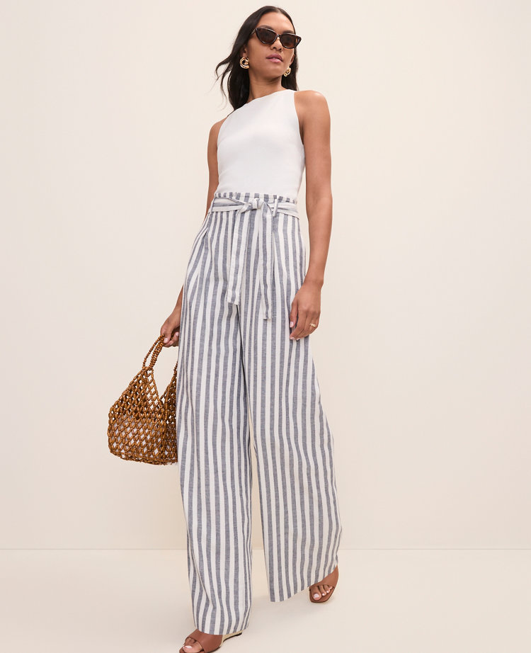 The Petite Striped Paperbag Waist Pant in Linen Blend