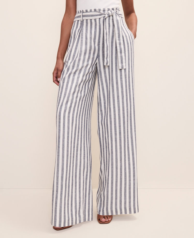 The Petite Striped Paperbag Waist Pant in Linen Blend