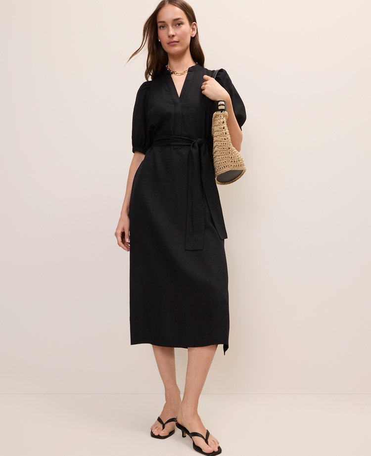 Puff Sleeve Midi Dress in Linen Blend