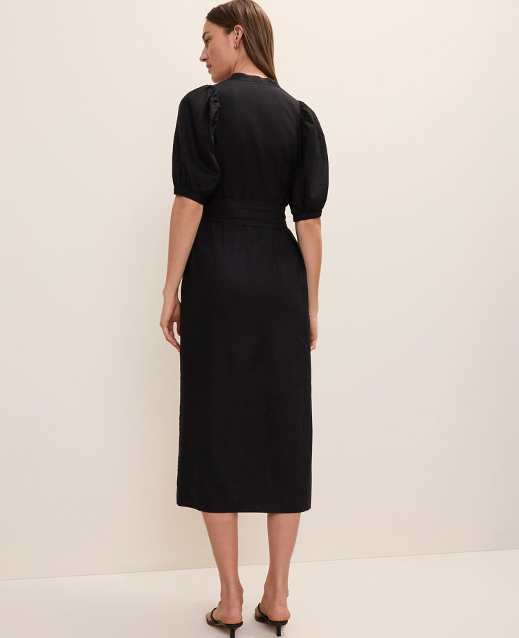 Puff Sleeve Midi Dress in Linen Blend