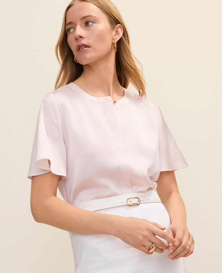 Petite Flutter Sleeve Top in Satin