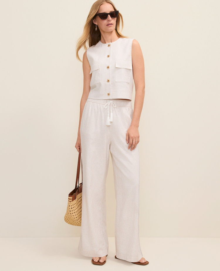 Petite Weekend Striped Easy Fit Wide-Leg Pant in Linen Blend