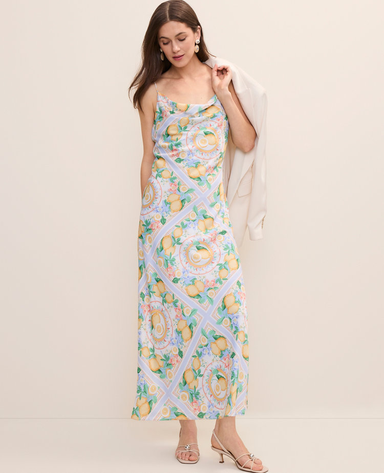Petite Lemon Print Cowl Neck Slip Dress in Satin carousel Product Image 3