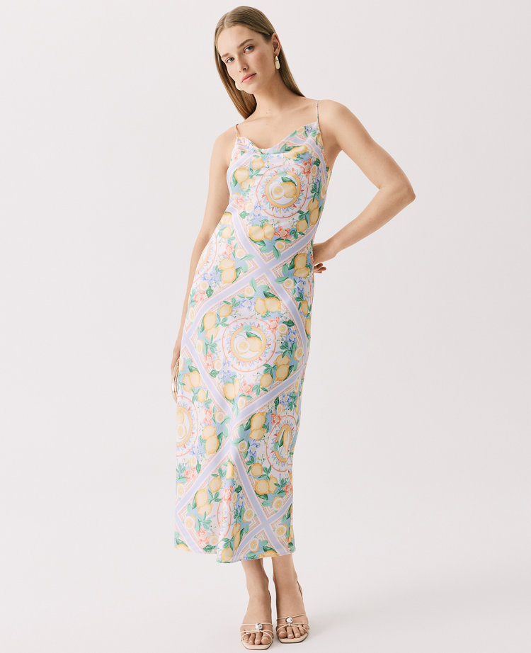 Petite Lemon Print Cowl Neck Slip Dress in Satin