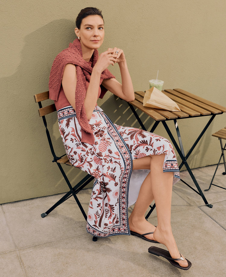 Petite Weekend Palm Tree Print Sarong Midi Skirt in Linen Blend