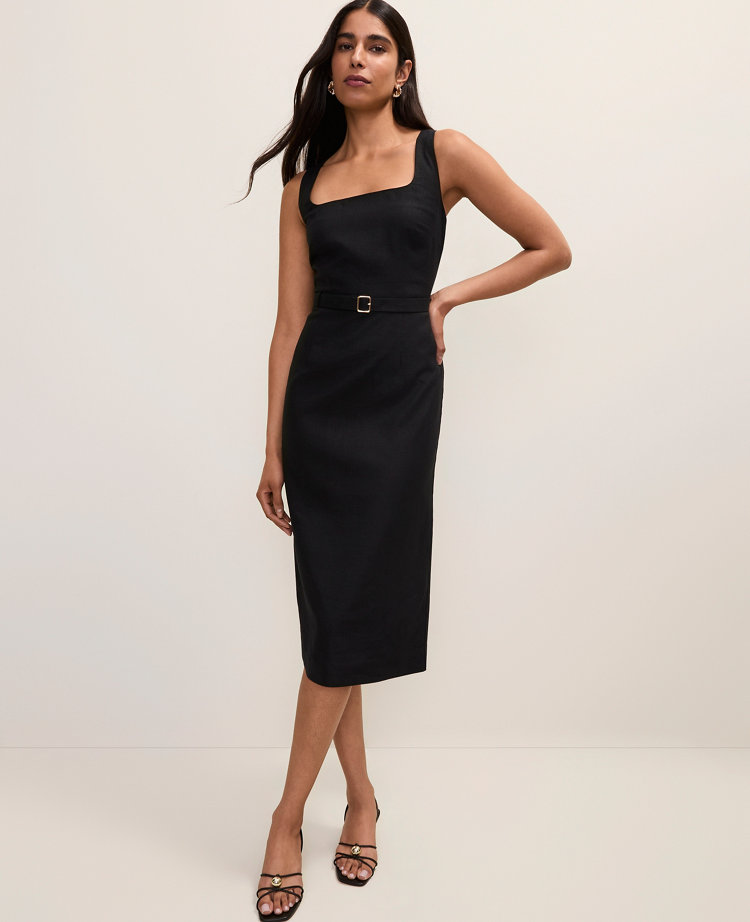 Petite Belted Column Midi Dress in Linen Blend