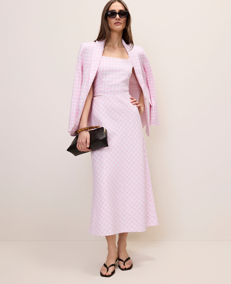 Gingham Linen Blend Midi Slip Skirt