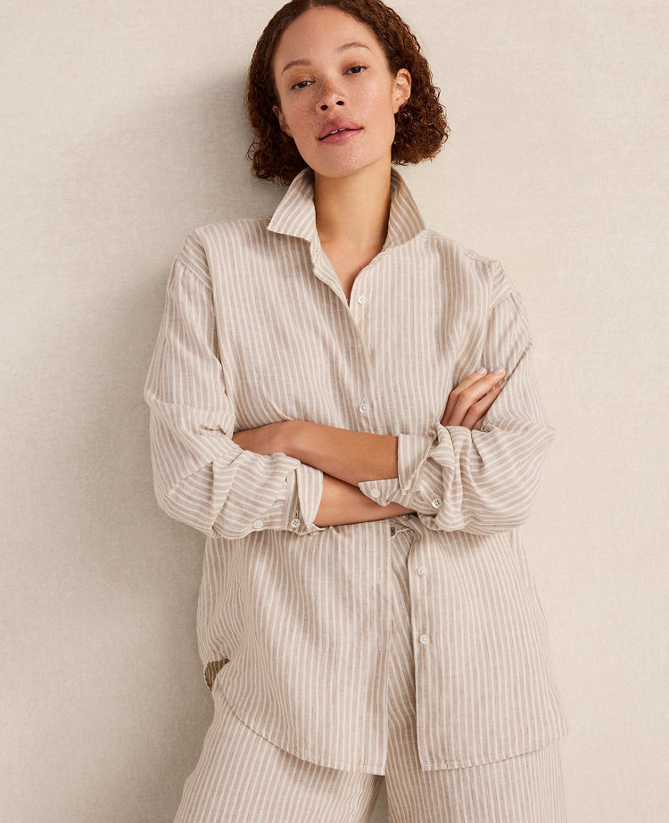 Ann Taylor Haven Well Within The Daily Shirt Everweave Linen Stripe Willow Branch Women's