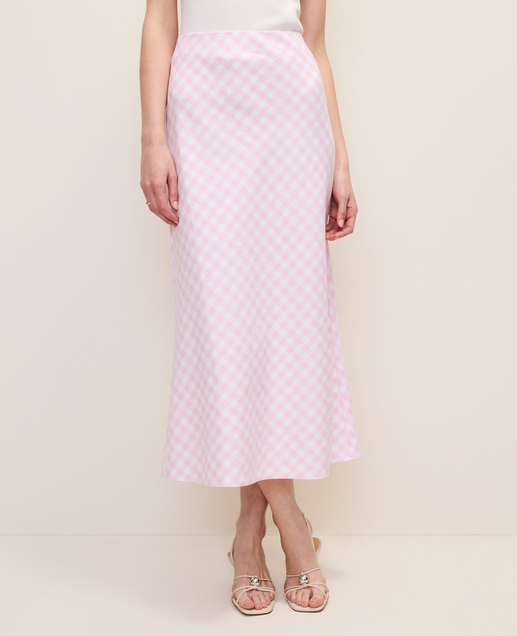 Petite Gingham Linen Blend Midi Slip Skirt