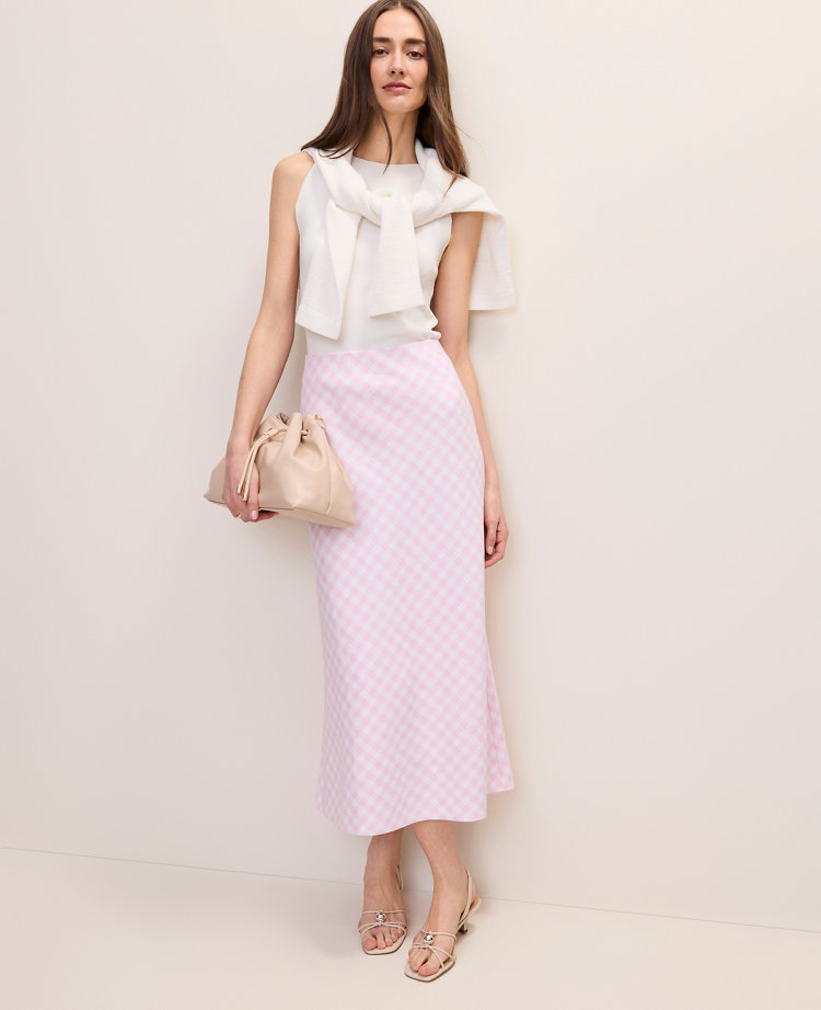 Petite Gingham Linen Blend Midi Slip Skirt