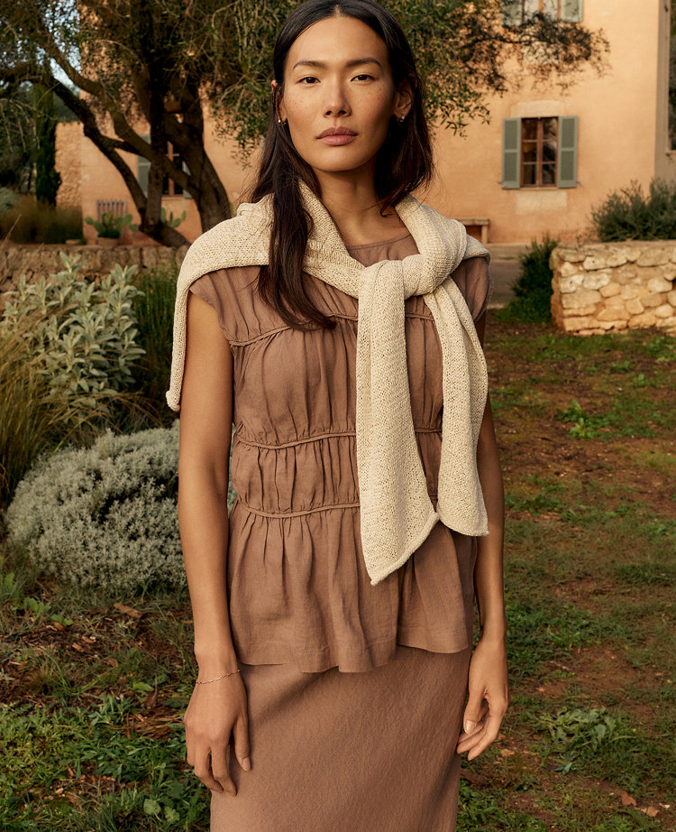 Ann Taylor Haven Well Within Linen Shirred Sleeveless Top Chestnut Brown Women's