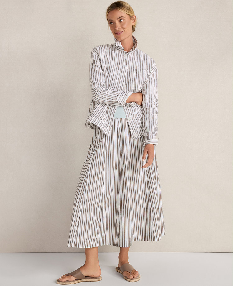 Ann Taylor Haven Well Within Organic Cotton Poplin Stripe Drop Waist Skirt Fresh Coffee Women's