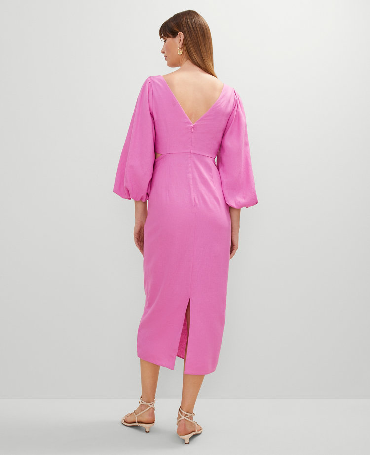 Linen Blend Puff Sleeve Midi Dress