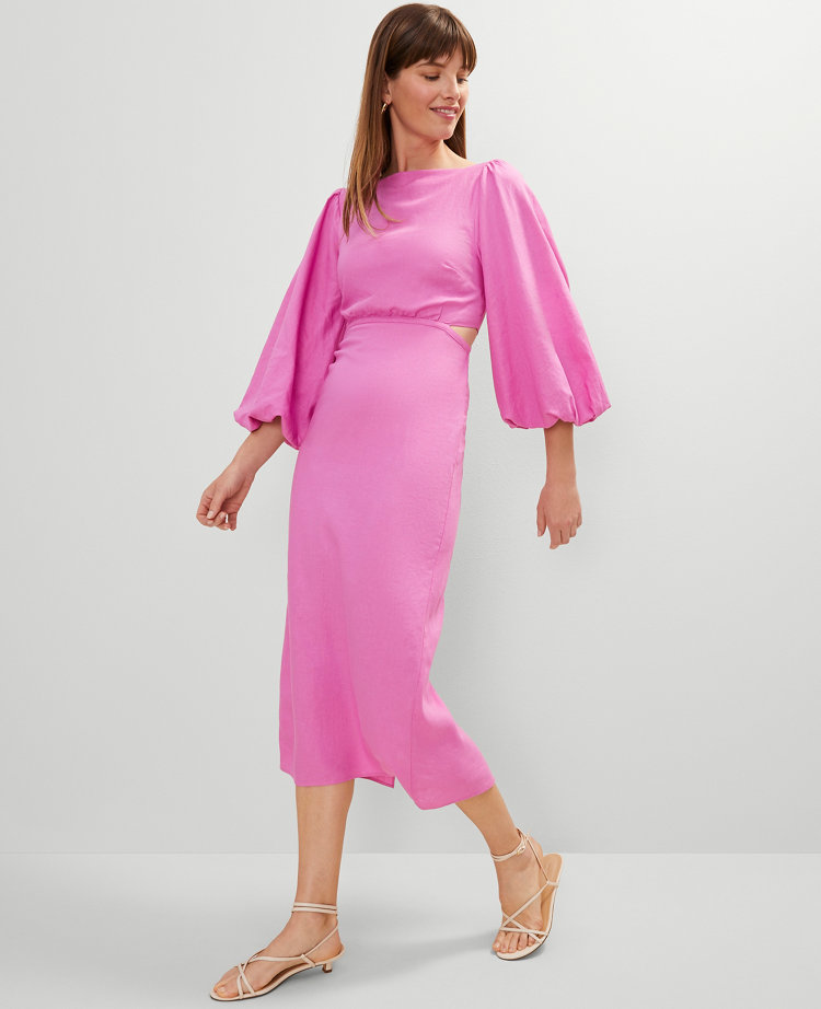 Linen Blend Puff Sleeve Midi Dress