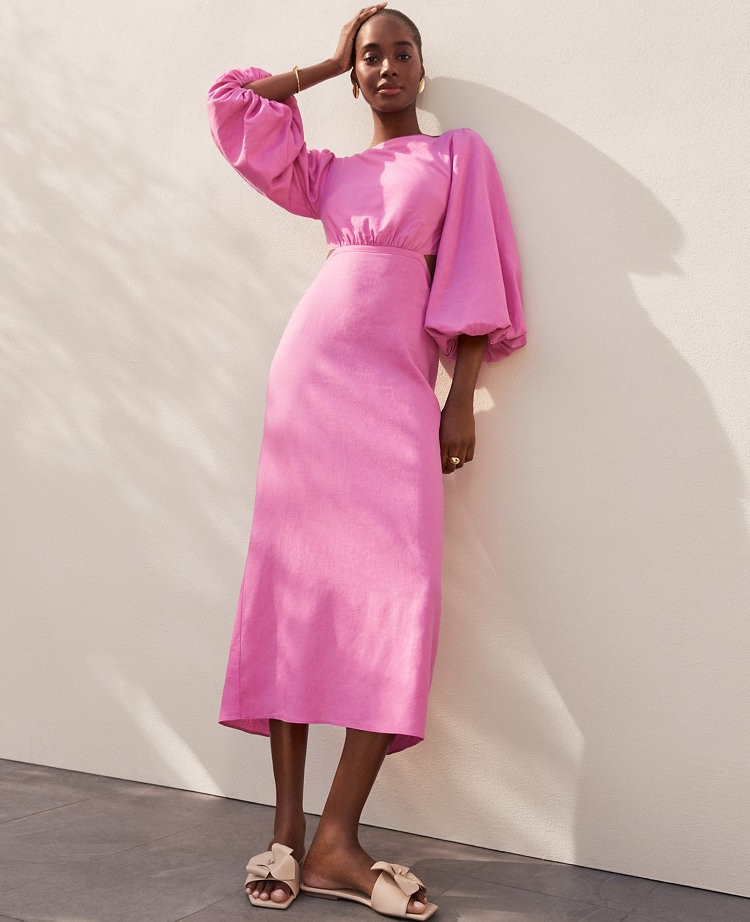 Linen Blend Puff Sleeve Midi Dress
