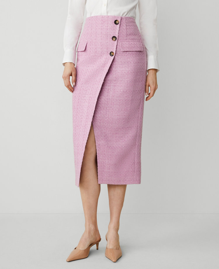 Tweed Button Wrap Skirt