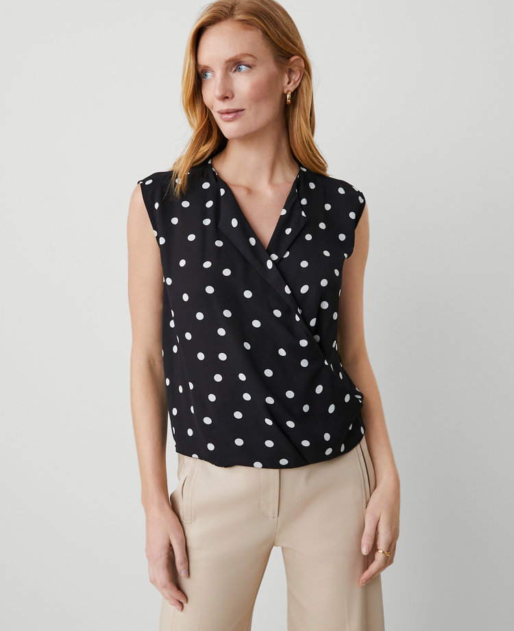 Ann Taylor Dotted Wrap Popover Top Black Women's