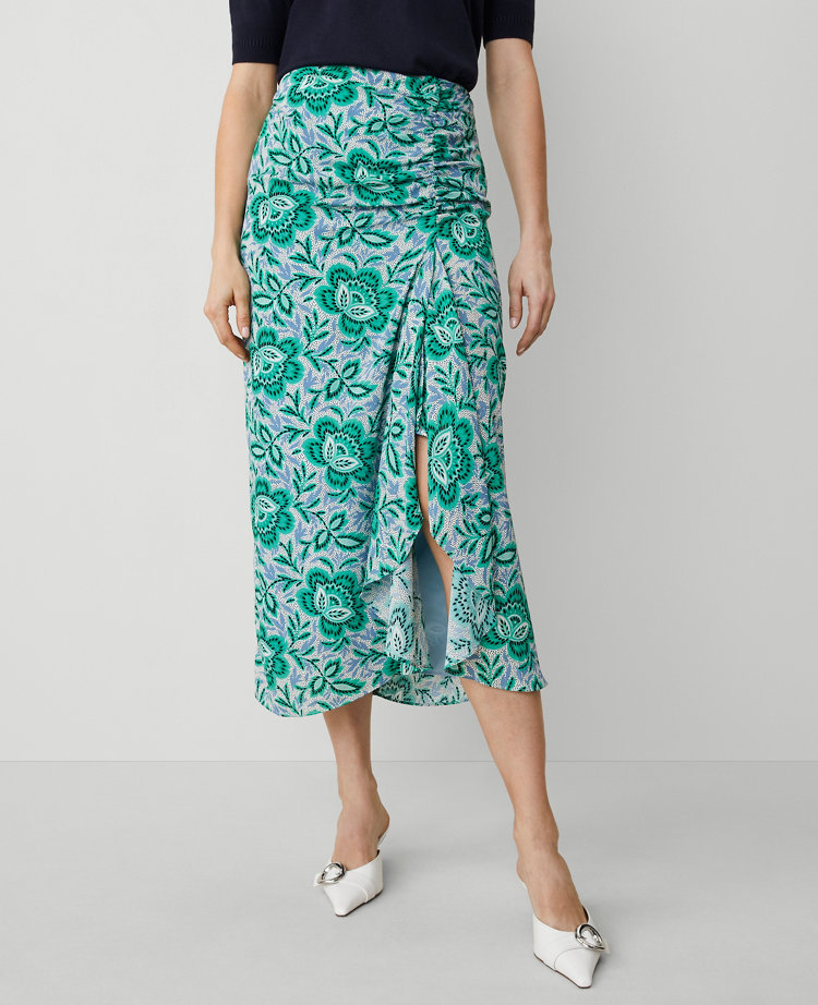 Shop Ann Taylor Petite Floral Ruched Midi Skirt In Mellow Mint
