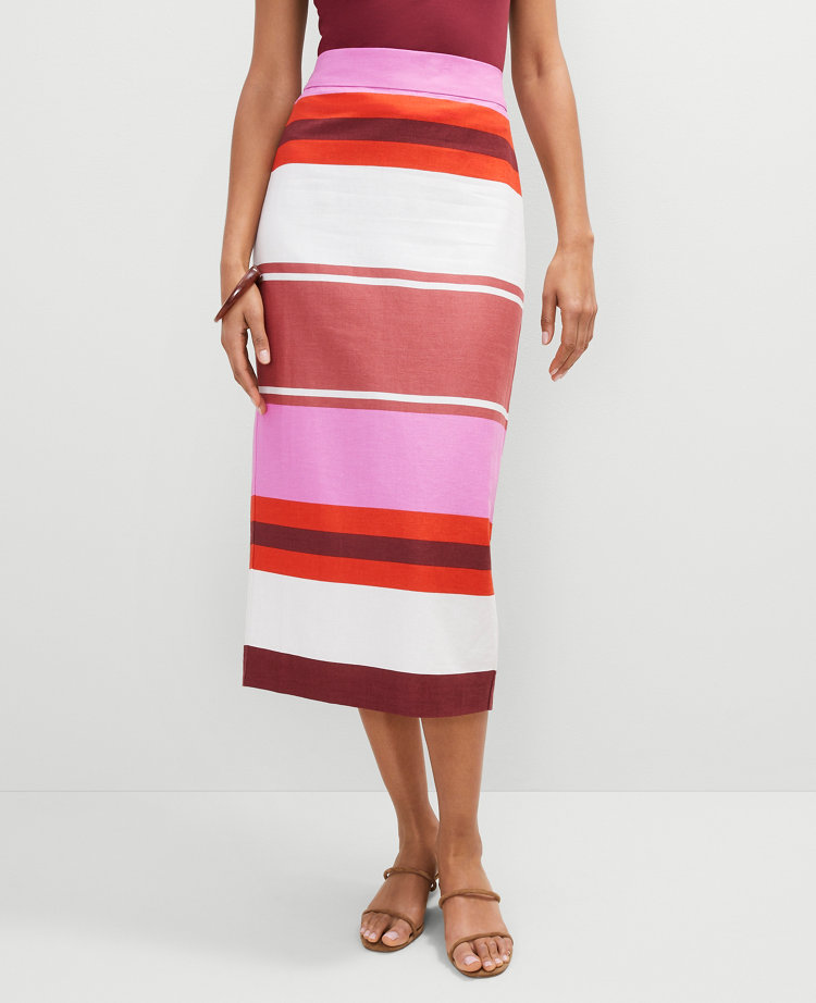 Striped Linen Blend Midi Skirt