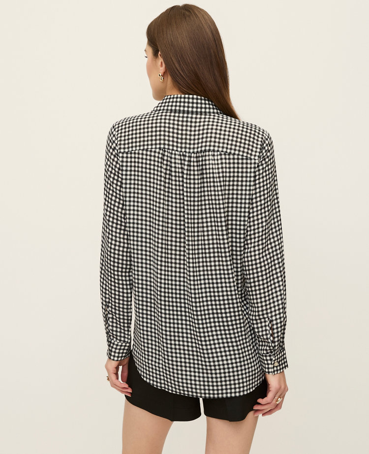 Ann Taylor Gingham Camp Shirt Black Women's