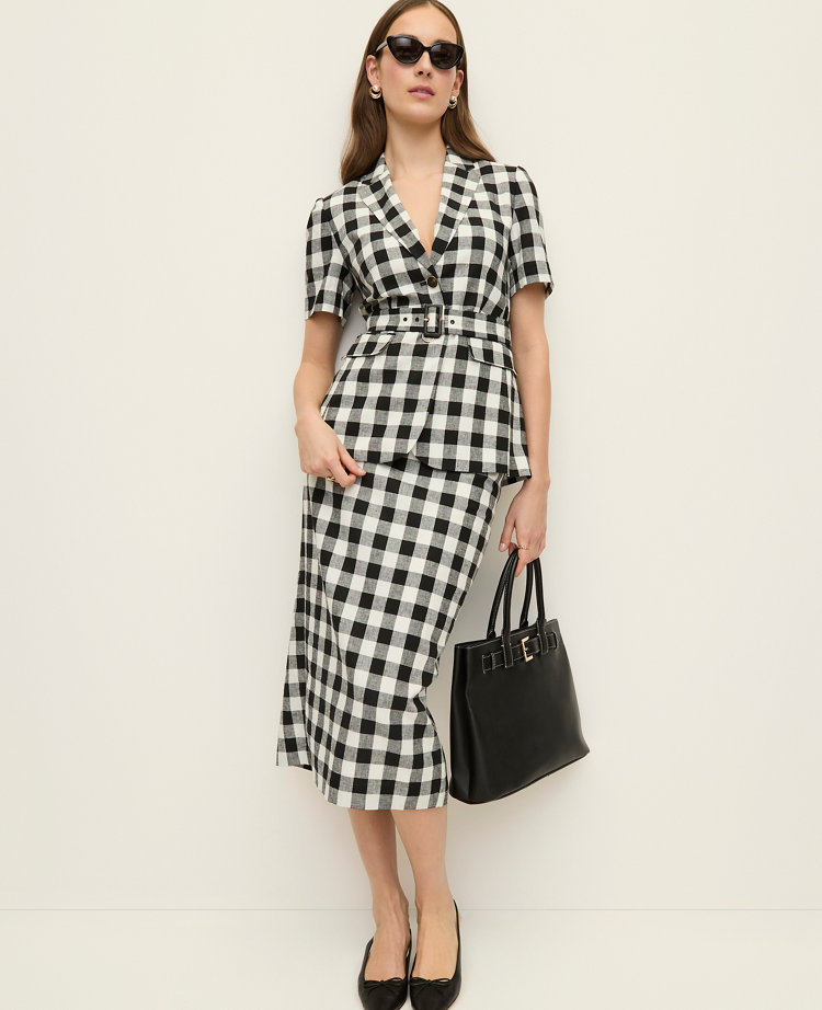 The Petite Button Midi Skirt in Gingham Linen Blend