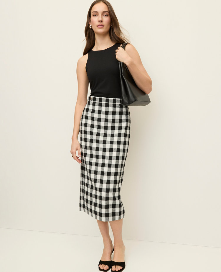 The Petite Button Midi Skirt in Gingham Linen Blend