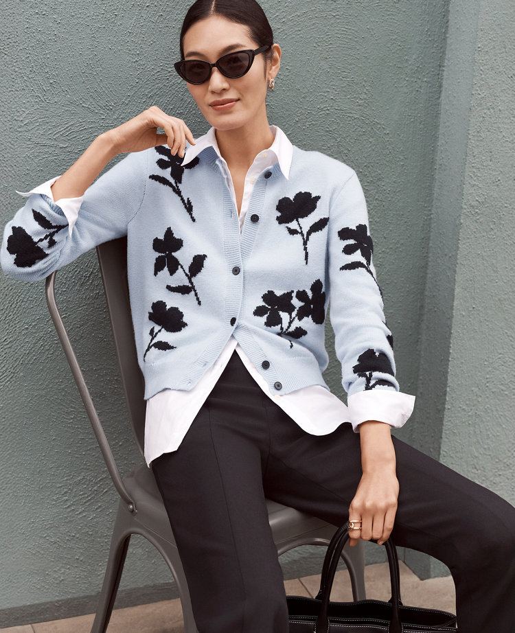 Ann Taylor Petite Floral Jacquard Cardigan Cashmere Blue Women's