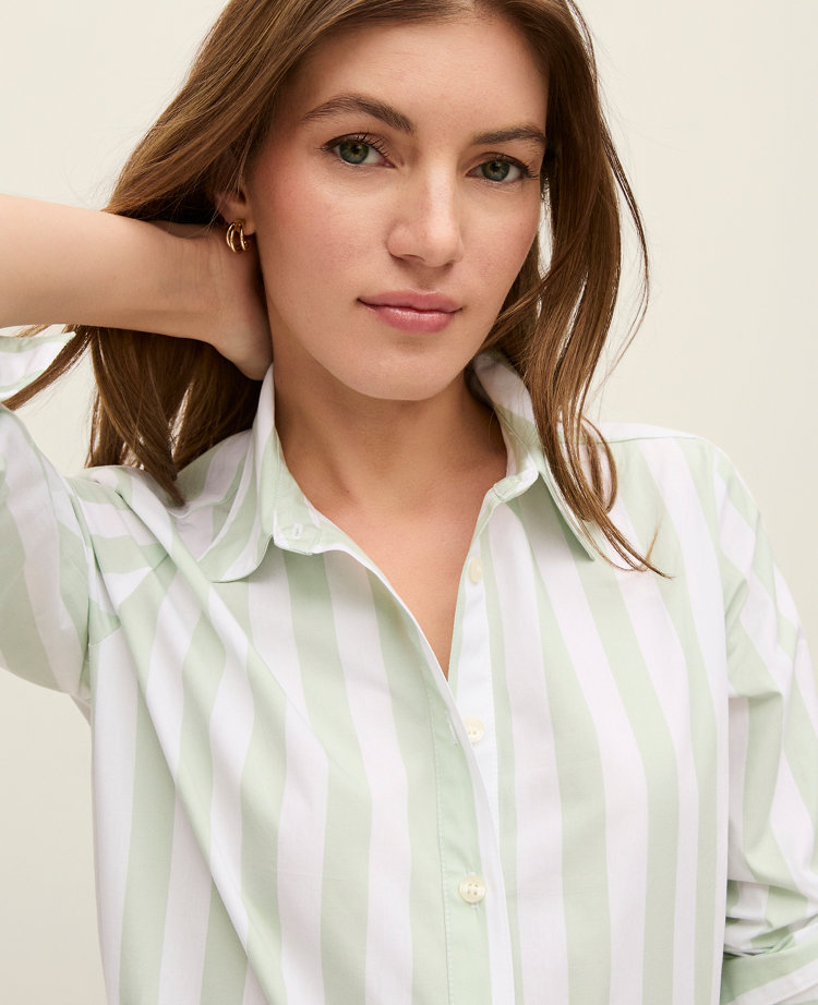 Ann Taylor Petite Weekend Collection Striped Relaxed Perfect Shirt Aqua Foam Women's