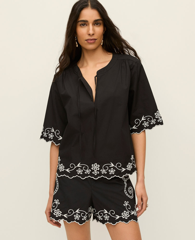 Petite Embroidered V-Neck Blouse