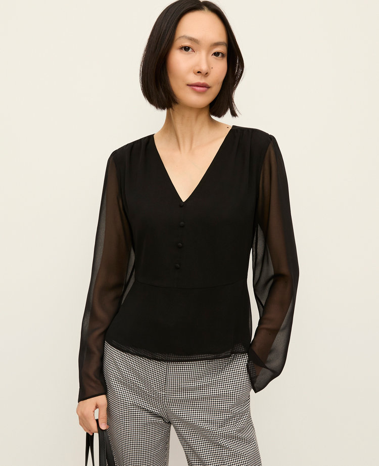 Ann Taylor Petite V-Neck Peplum Blouse Black Women's