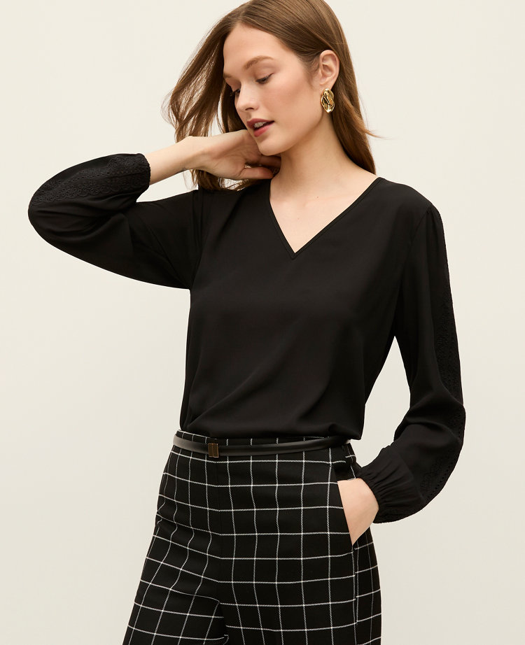 Ann Taylor Mixed Media Embroidered Blouse In Black