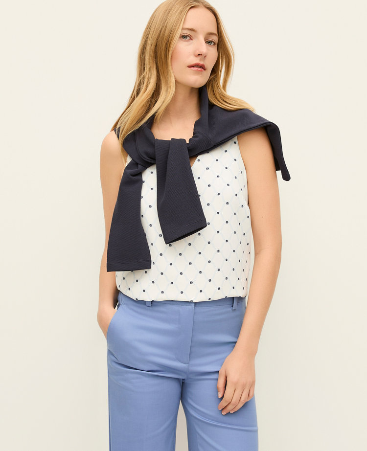 Ann Taylor Petite Mixed Media V-Neck Shell Top Winter White Women's