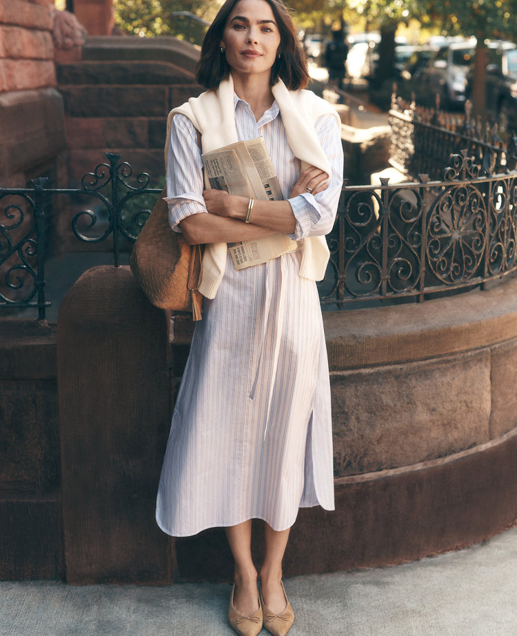Ann Taylor Petite Weekend Collection Striped Midi Shirtdress Blush Haze Women's