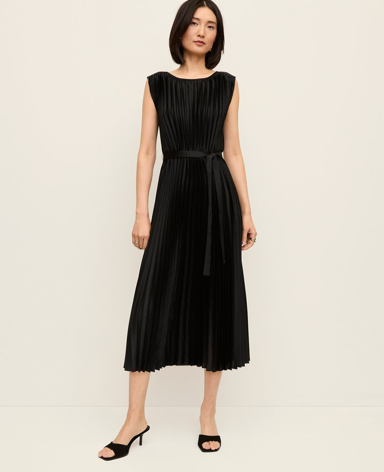 Petite Pleated Satin Midi Dress