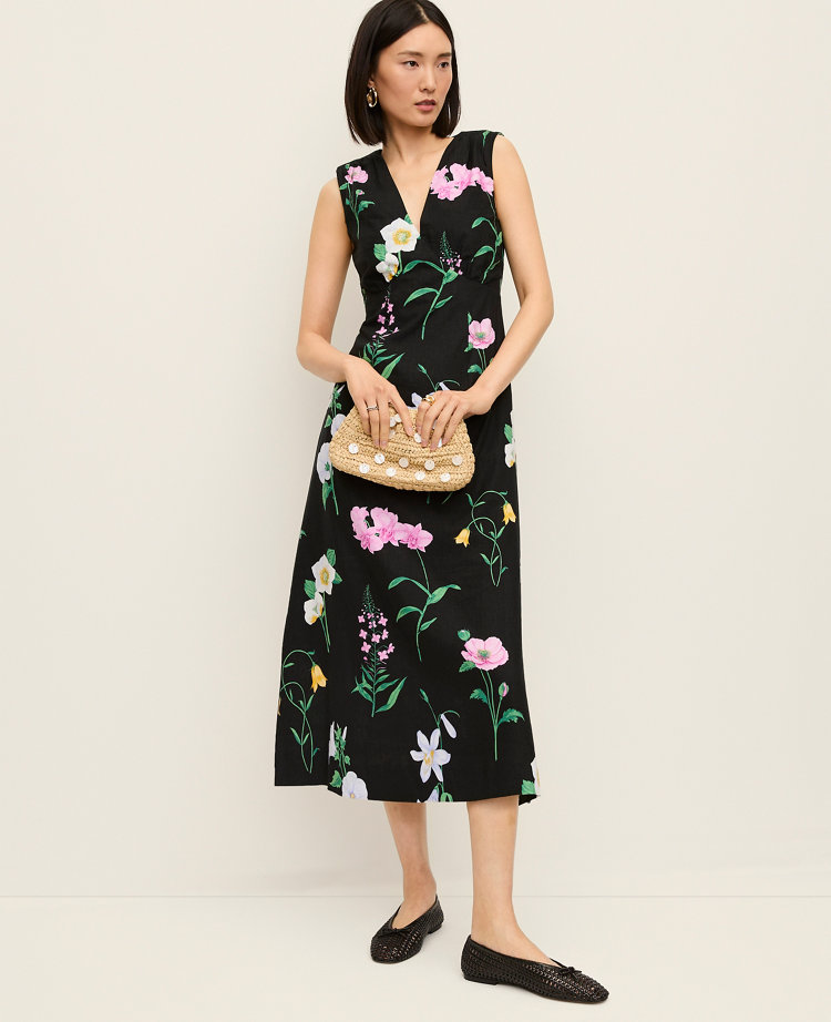 Petite Floral Linen Blend Midi Dress