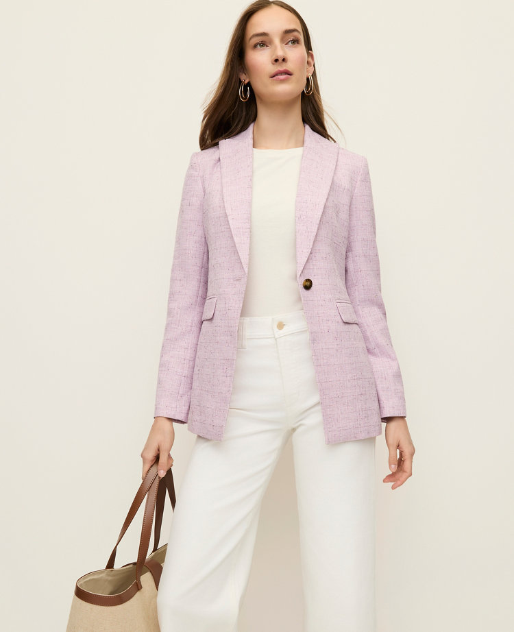 The Petite Long One Button Blazer in Tweed